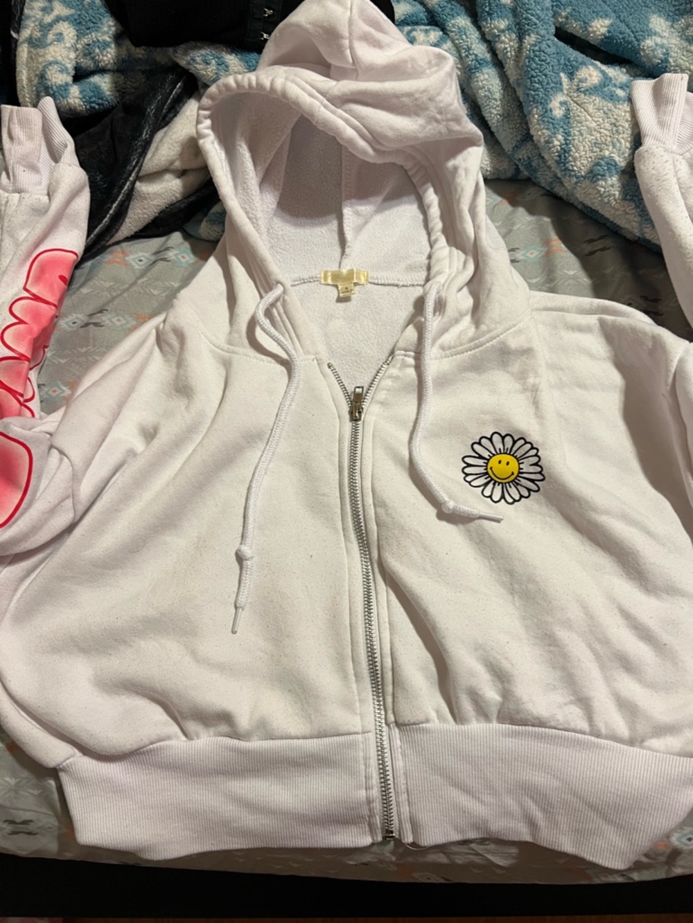 White Daisy Smiley Face Zip Hoodie